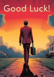 Man walking away with briefcase under good luck message