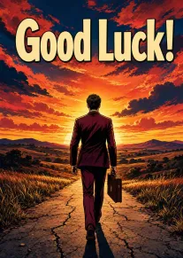 Man in suit walks into sunset with Good Luck text above.