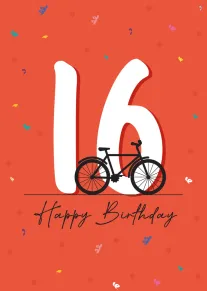 Sixteen birthday card with a bicycle, confetti, and Happy Birthday text on a red background.