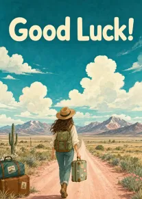 Woman walking a desert road with luggage under clouds and mountains, Good Luck text above.
