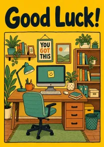 Illustrated home office scene with plants, desk, computer, and You Got This encouragement card design.