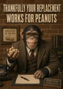 Chimpanzee in a brown suit sits at desk with peanuts and humorous workplace wording displayed.