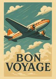 Vintage airplane flying above clouds with bon voyage text