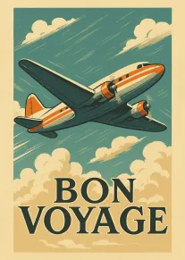 Vintage airplane flies through clouds above bold Bon Voyage text in retro travel poster style.
