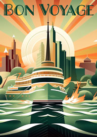 Stylized Bon Voyage Card with Ship and Cityscape Sunset