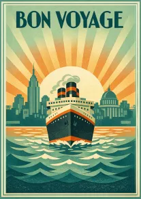 Vintage bon voyage card with cruise ship, skyline, sunburst rays, and ocean waves in teal.