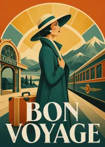 Vintage Bon Voyage Train Station Card with Traveler and Suitcase