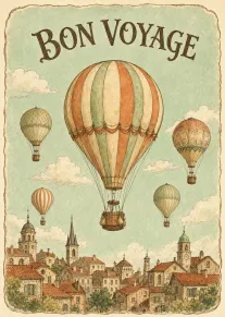 Vintage bon voyage card with hot air balloons floating above a quaint town and clouds.