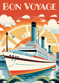 Bon Voyage Cruise Ship Illustration with Sunset and Clouds