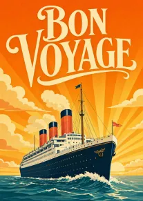 Vintage bon voyage card with cruise ship, orange sunrise sky, and bold ocean poster style.