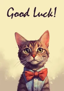 A cute cat in a red bow tie with Good Luck! text on cream background.