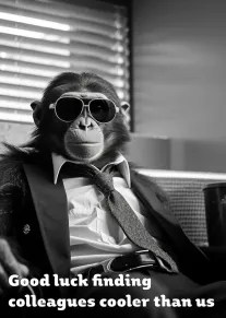 Chimpanzee in sunglasses and suit sits in black and white with funny colleague joke text.