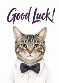 Watercolor tabby cat wearing a shirt and bow tie with Good Luck text above it.