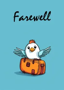 Cute winged bird sits on an orange suitcase beneath farewell text on a blue background.