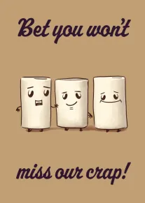 Three marshmallow characters stand together beneath cheeky farewell text on a beige background design.