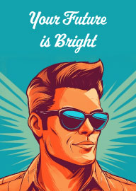 Retro style card with confident man and bright future message