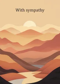 Sympathy card with layered mountain sunset scene and the words With sympathy on calm background.