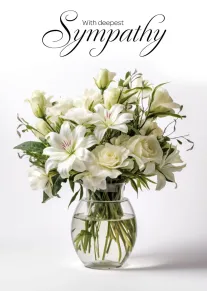 White sympathy bouquet in a glass vase with elegant script reading With deepest Sympathy above.