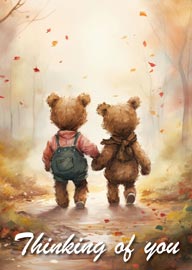 Two teddy bears holding hands walking in autumn forest thinking of you