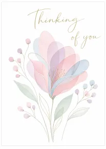 Soft pastel flower with gold Thinking of you lettering on a clean white background card.