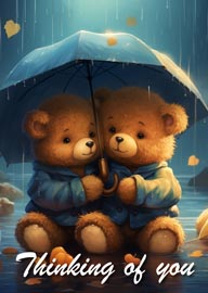 Two adorable teddy bears sharing umbrella thinking of you