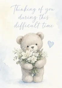 Watercolour teddy bear holding flowers with soft blue heart and thinking of you message above.