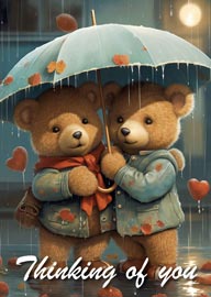 Two adorable bears sharing umbrella in rain with thinking of you text