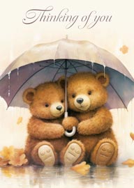 Two Cute Teddy Bears Sharing Umbrella Thinking of You