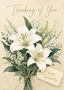 White lily bouquet sympathy card with Thinking of You and With Sympathy gold lettering text.