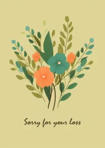 Soft floral bouquet on pale yellow card with handwritten Sorry for your loss message below.