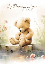Soft teddy bear sitting by water with thinking of you message