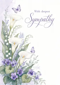 White sympathy card with watercolor lilies, violets, butterflies, elegant purple lettering, and soft foliage artwork.
