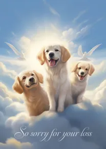 Three golden retriever puppies sit on clouds beneath doves in a sky with sympathy wording.