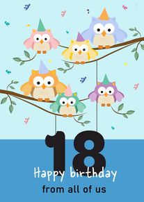 Colorful owls in party hats perch on branches above a big 18 birthday message below.
