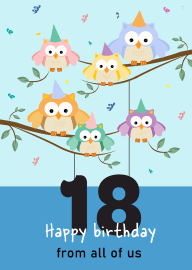 Colorful Owls Wearing Party Hats Celebrate 18th Birthday
