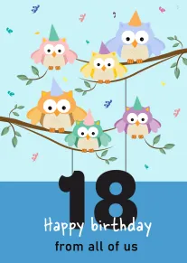 Colorful owls in party hats perch on branches above a big 18 birthday message below.