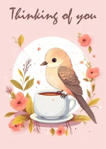 A cute bird perches on a teacup surrounded by flowers with Thinking of you above.