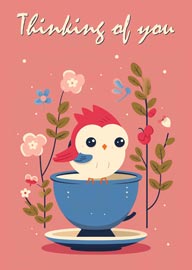 Cute bird sitting in blue teacup with flowers thinking of you