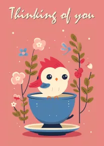 Cute bird in blue teacup with flowers and Thinking of You text on pink background.
