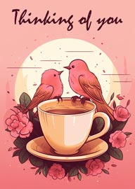Thinking of You Card with Birds and Tea Cup Floral Design