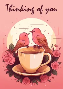 Two pink birds perch on a teacup surrounded by flowers with Thinking of You text.