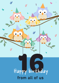 Colorful Owls Wearing Party Hats Celebrate 16th Birthday