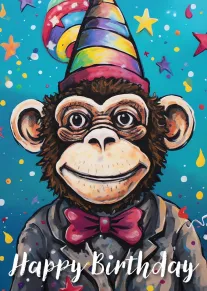 Colourful monkey in a party hat and bow tie with Happy Birthday text on background.