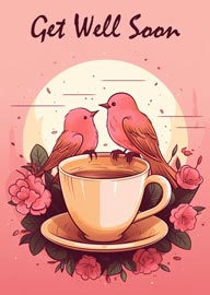 Get Well Soon Card with Birds and Tea Cup Floral Design