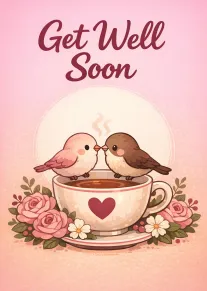 Get Well Soon Cute Birds Sitting on Heart Teacup Card