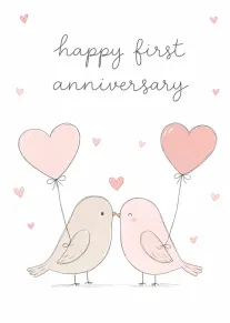 Two pastel birds touch beaks beneath heart balloons on a white first anniversary card design.