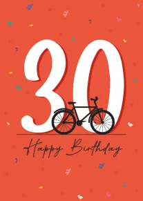 A bold 30 with a bicycle and Happy Birthday text on an orange confetti background.