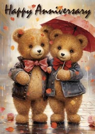 Cute teddy bears in jackets with umbrella happy anniversary card