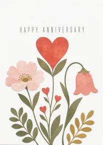 Watercolor flowers and heart shapes surround Happy Anniversary text on a soft white background card.