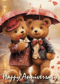 Two Adorable Teddy Bears Under Umbrellas Happy Anniversary